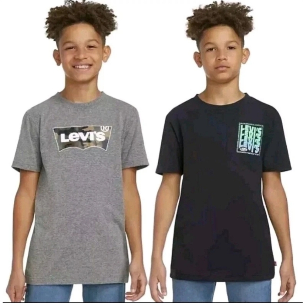 New Boys Levis Youth 2 Pack Tee Set Shirts Gray Camo Black Repeat Logo Sz 14 16